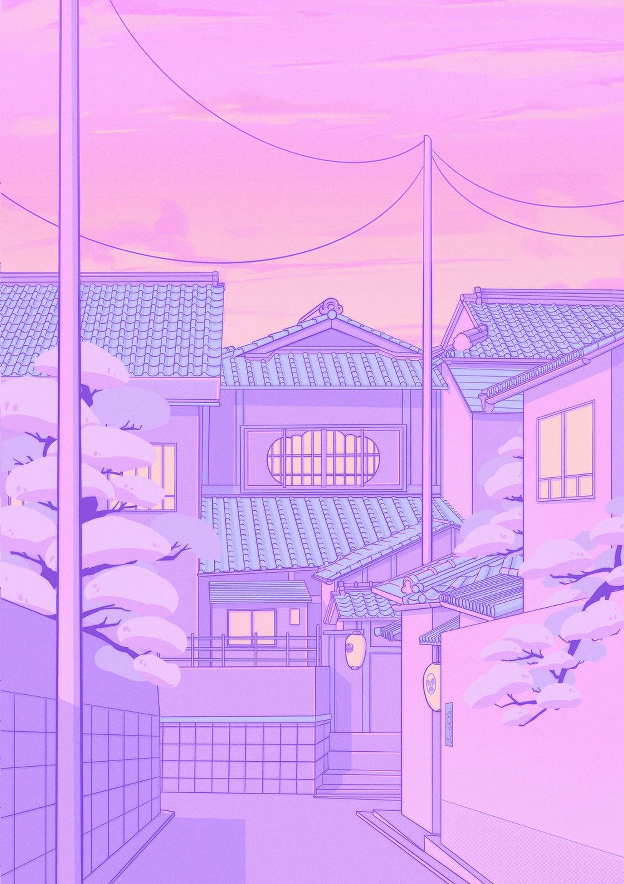 动漫街道 粉彩天空背景 壁纸
