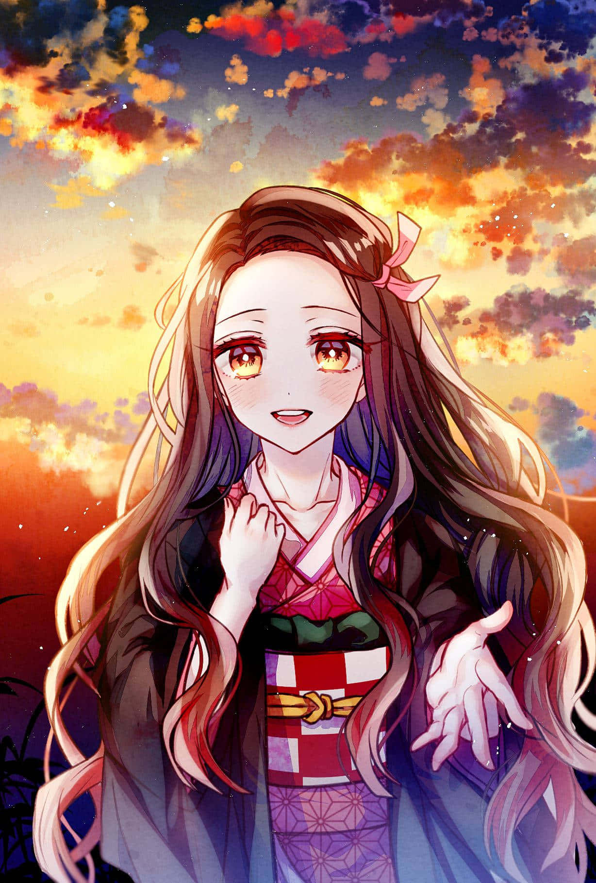 动漫角色可爱灶门祢豆子与夕阳天空 壁纸
