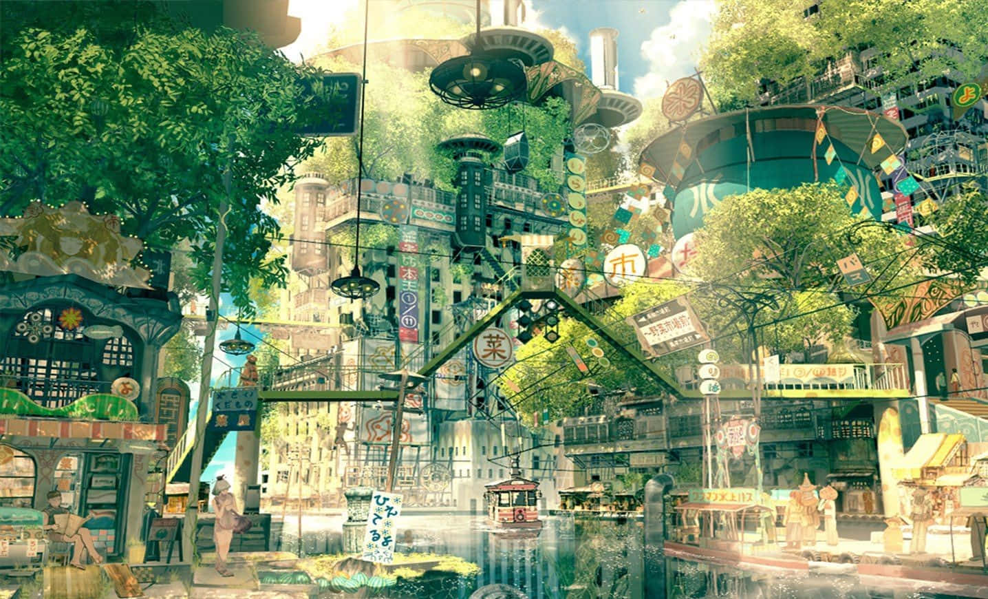 动漫风被绿植覆盖的建筑 壁纸