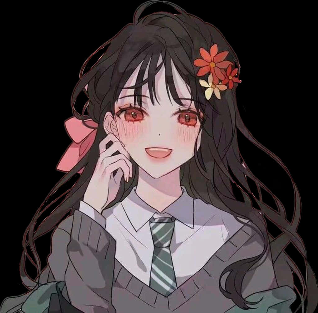 动画女孩花卉发饰微笑 壁纸