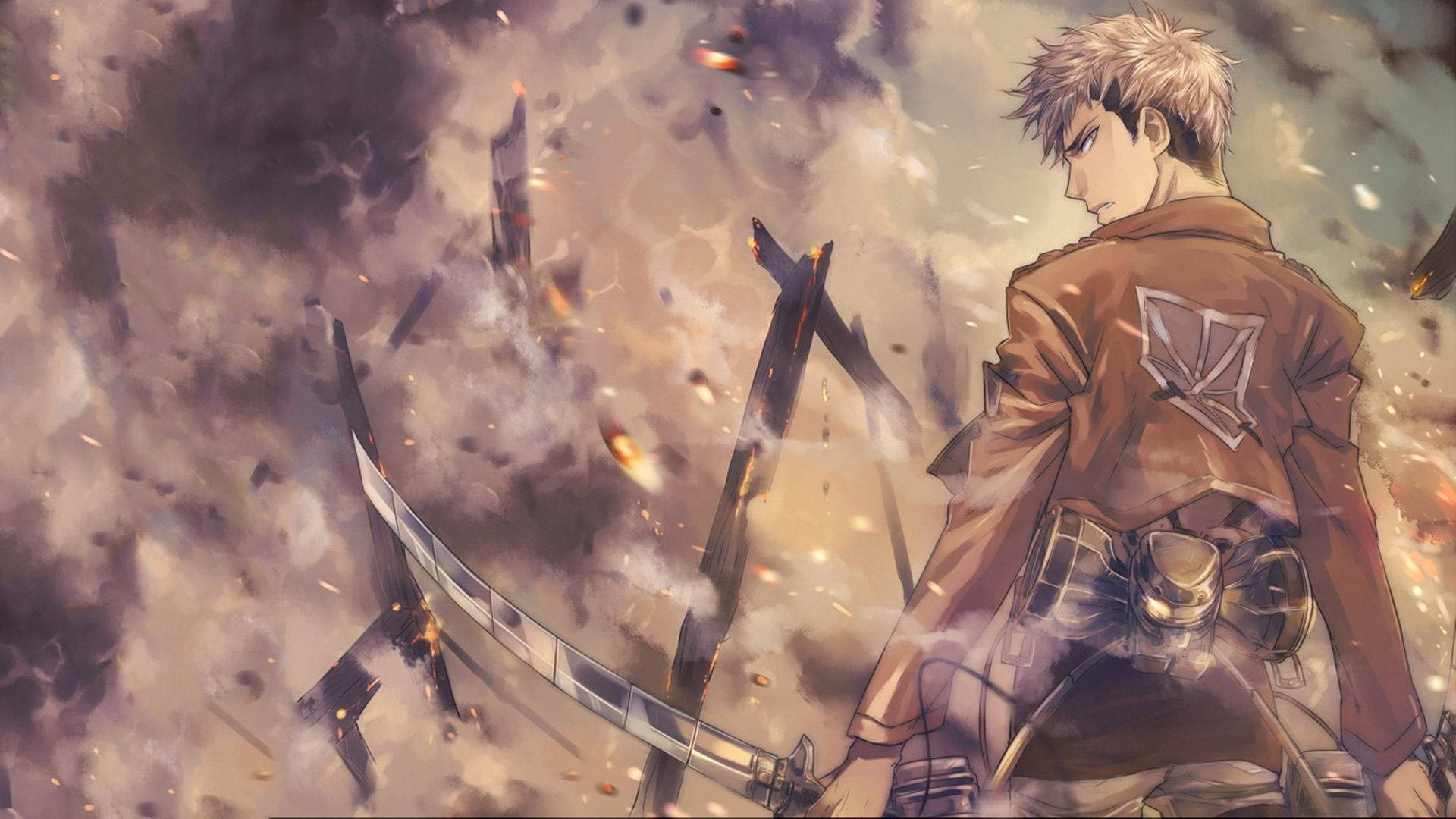 让·基尔斯坦身着训练兵团制服，置身滚滚浓烟中——《进击的巨人》同人艺术壁纸。