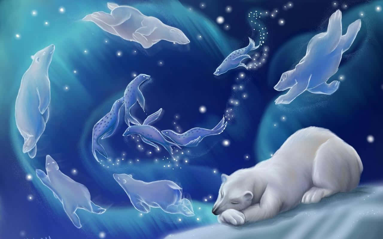 北极熊与海豚在雪中沉睡 壁纸
