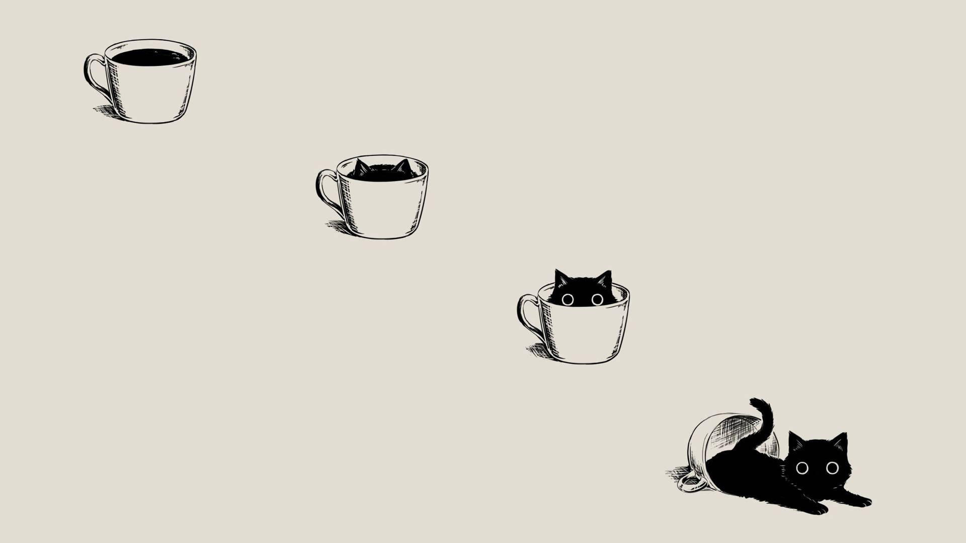 卡通黑猫蹲在咖啡杯上思考猫生 壁纸