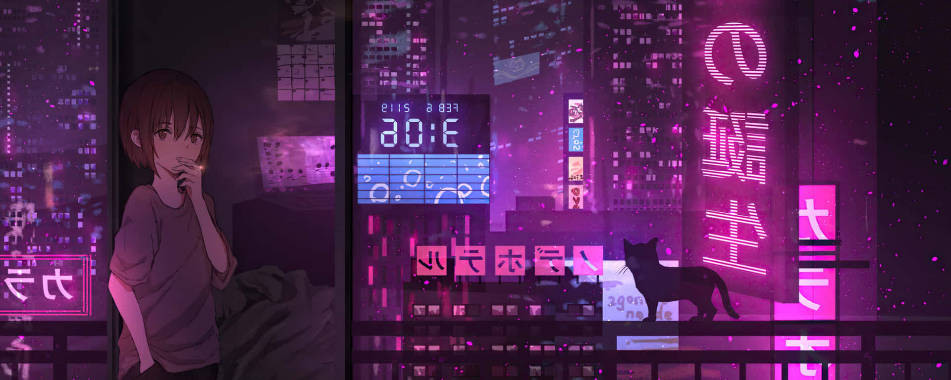 双屏动漫少女吸烟赛博朋克城市灯光
