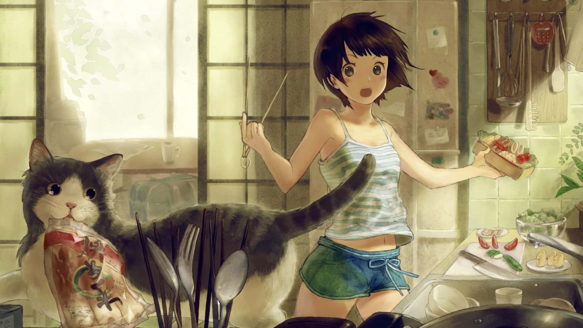 受惊动漫少女 1920x1080 厨房背景 壁纸