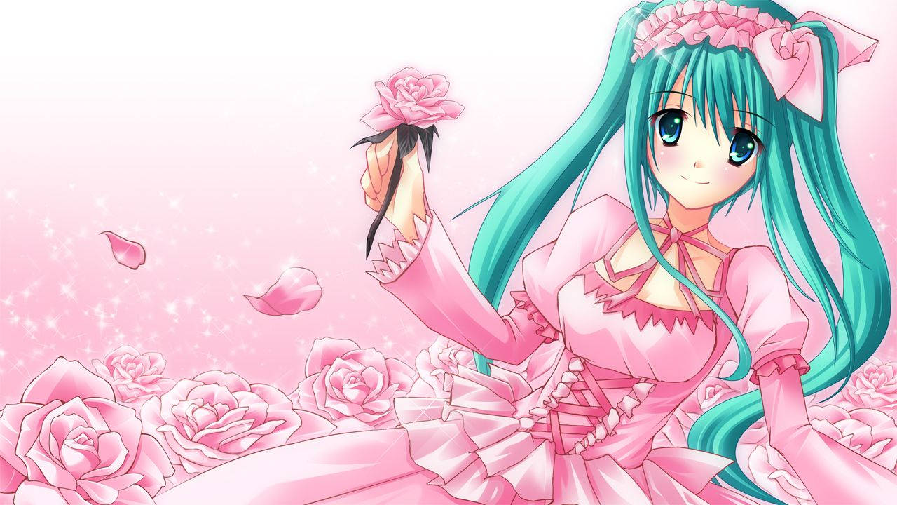 可爱动漫初音未来粉色连衣裙与玫瑰 壁纸