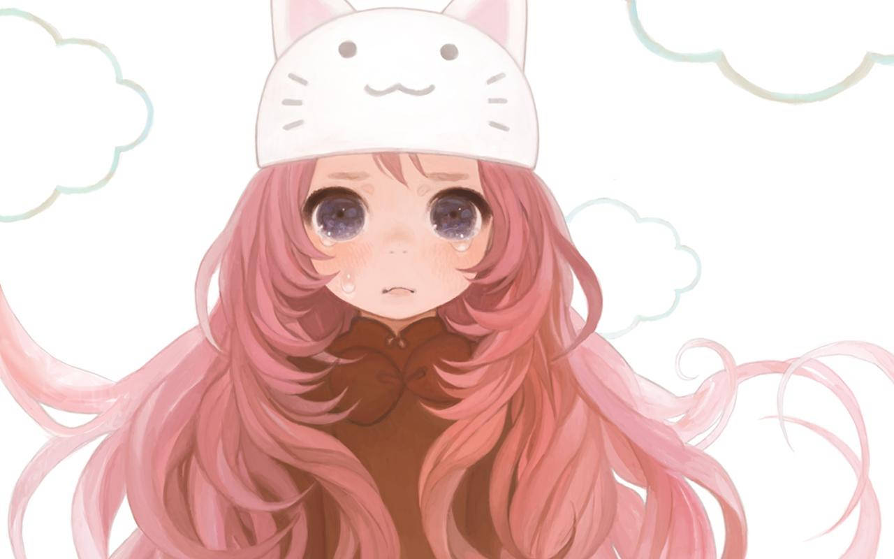 可爱动漫女孩戴着猫帽哭泣 壁纸
