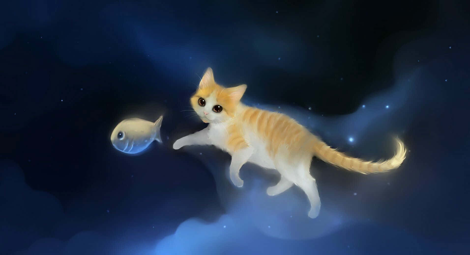 可爱动漫猫咪与蝴蝶嬉戏 壁纸