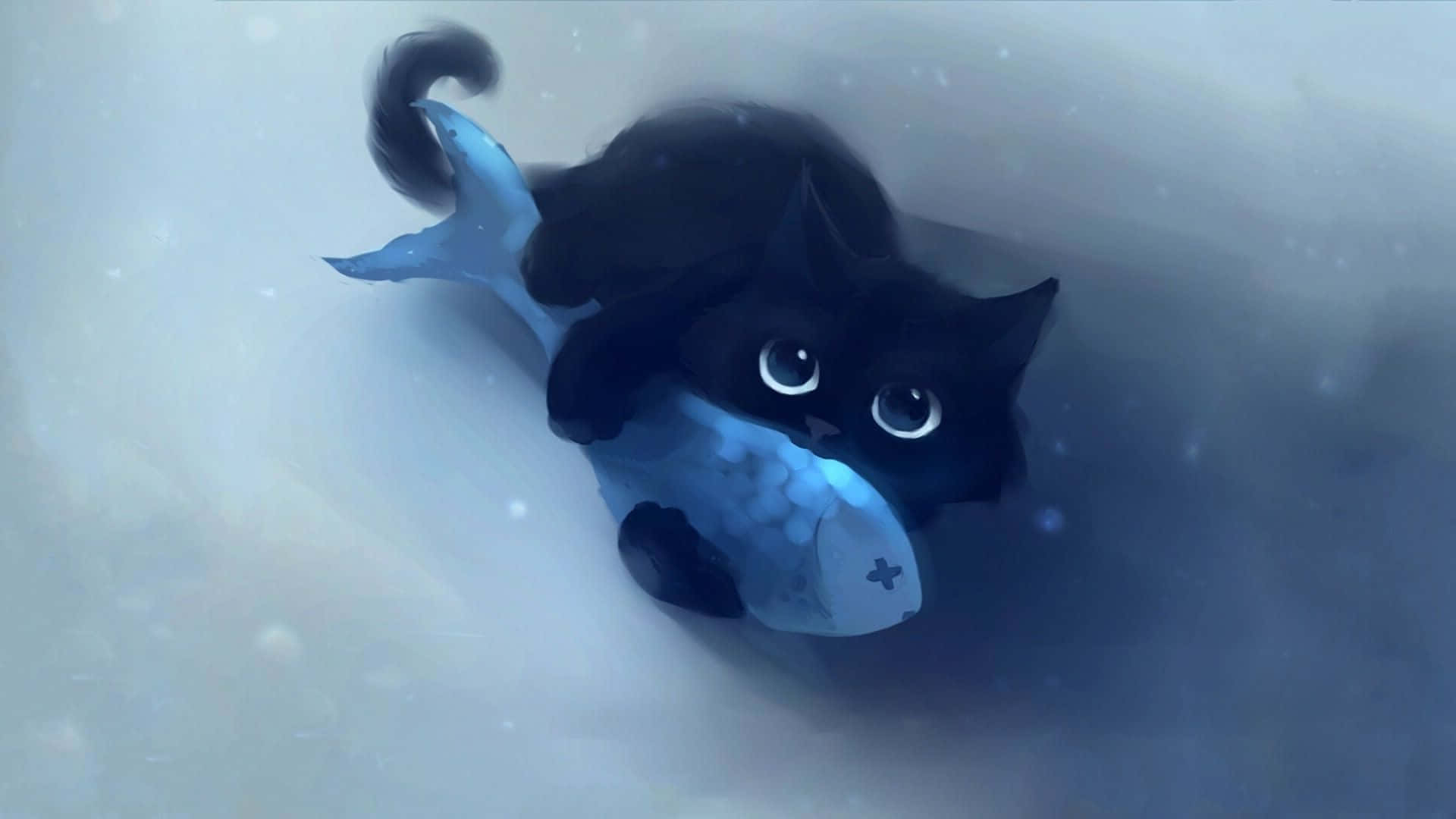 可爱动漫猫抱鱼 壁纸