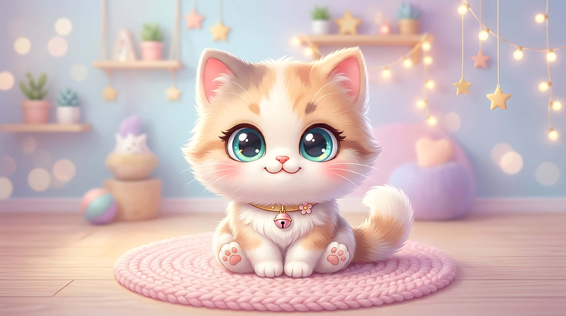 小猫，猫咪，Q版，可爱，插画，卡通，粉彩，宠物，动物，大眼睛，萌，仙女灯，温馨，房间，室内，数字艺术，3D渲染，甜美，毛茸茸