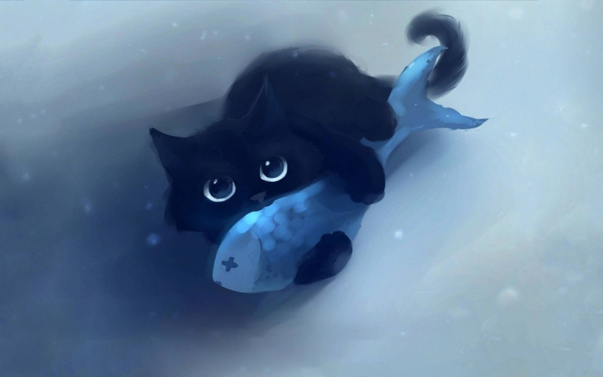 可爱小黑猫与鱼 壁纸