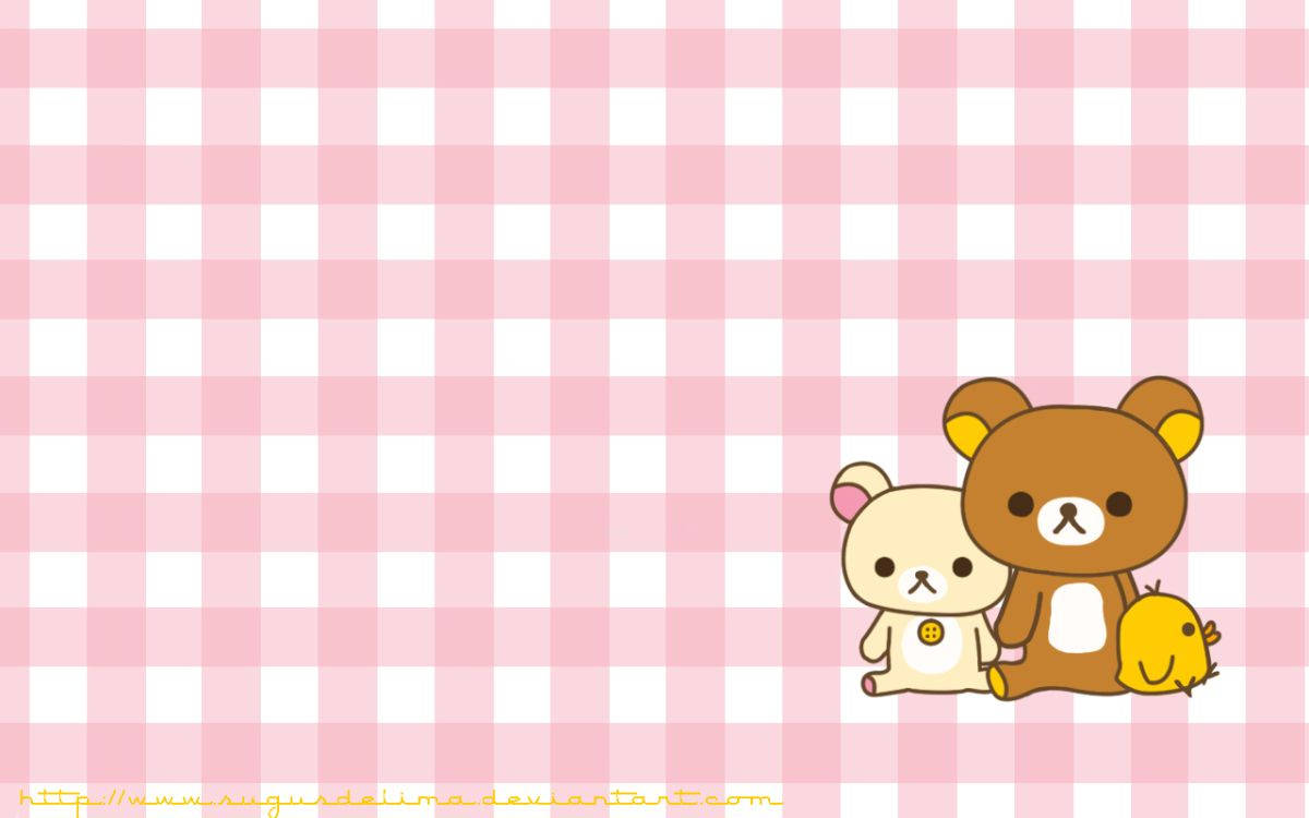 可爱粉红格纹背景中的Rilakkuma和他的朋友们 壁纸