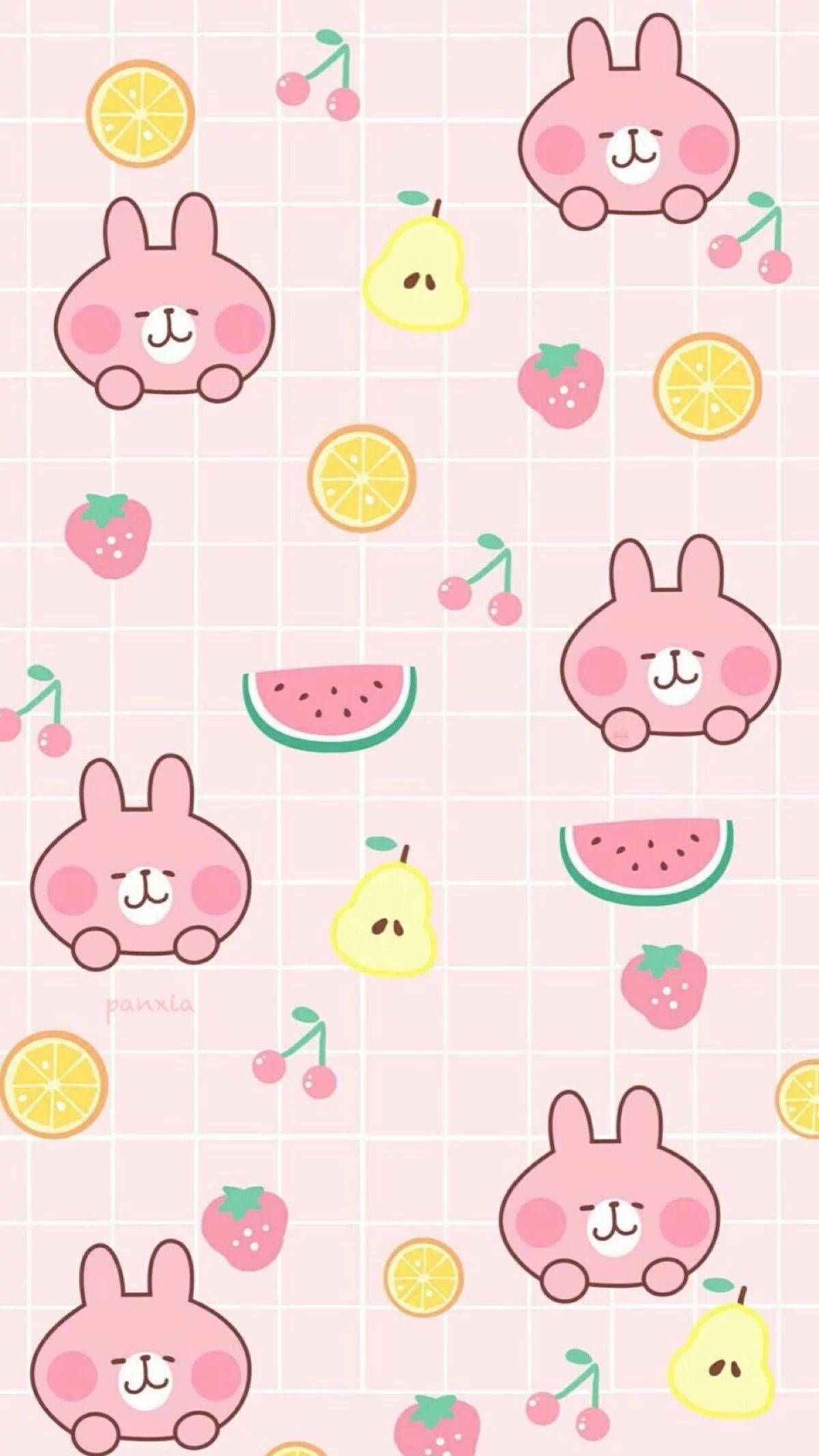 可爱粉色兔子与水果拼贴画 壁纸