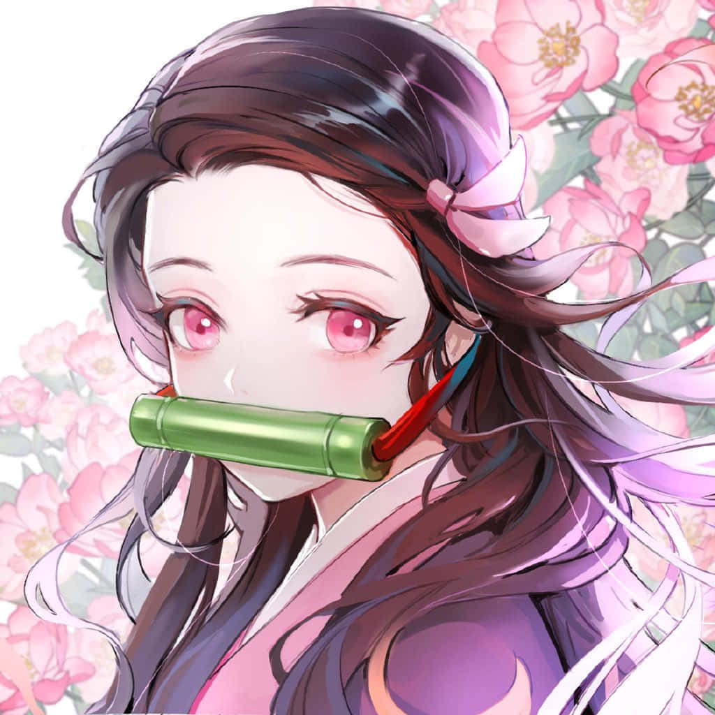 可爱鬼灭之刃角色灶门祢豆子与花 壁纸