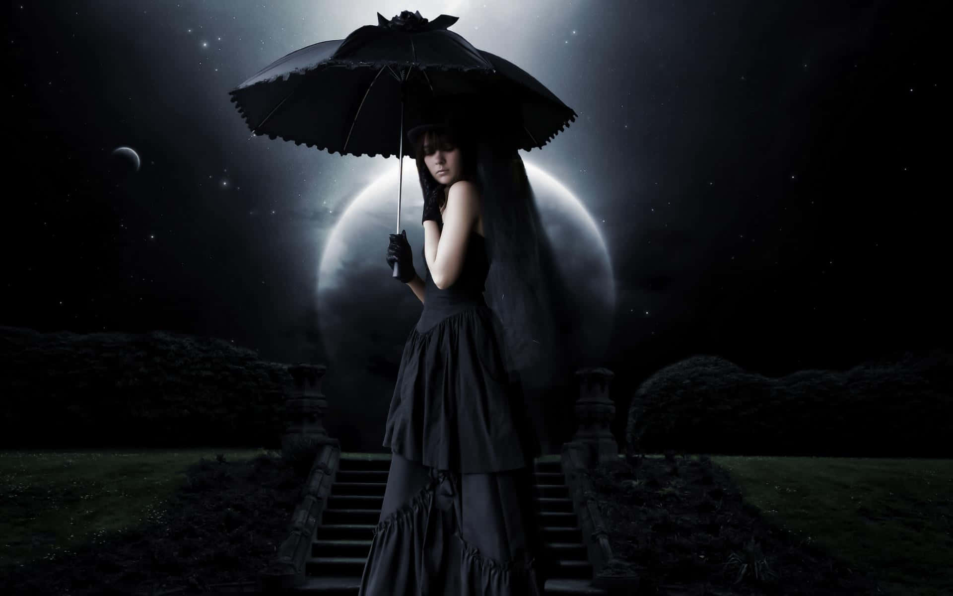 哥特电脑雨伞少女 壁纸