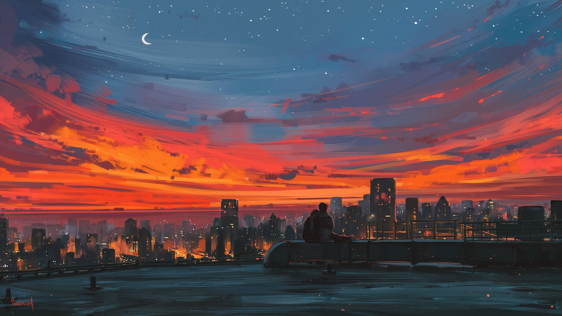 唯美动漫夕阳情侣 壁纸