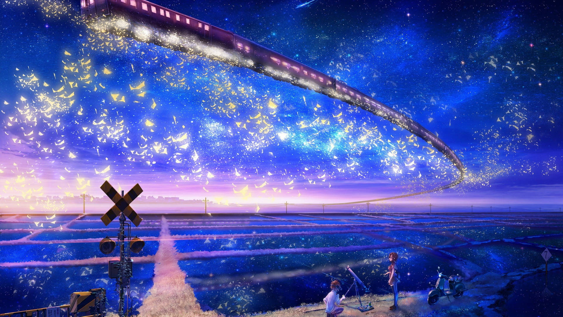 唯美动漫情侣仰望奇幻天空 壁纸