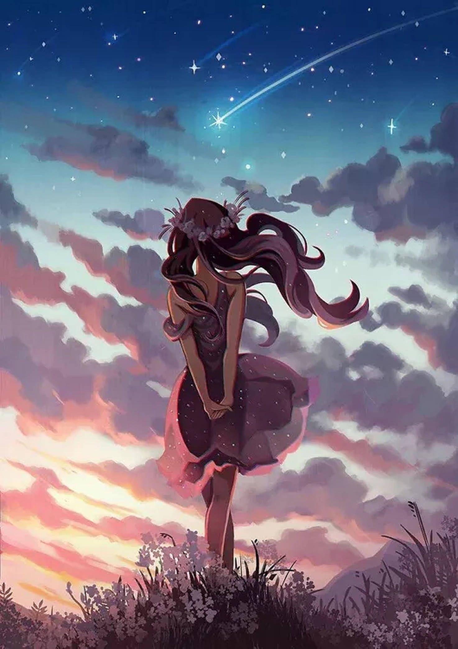 唯美少女与流星 壁纸