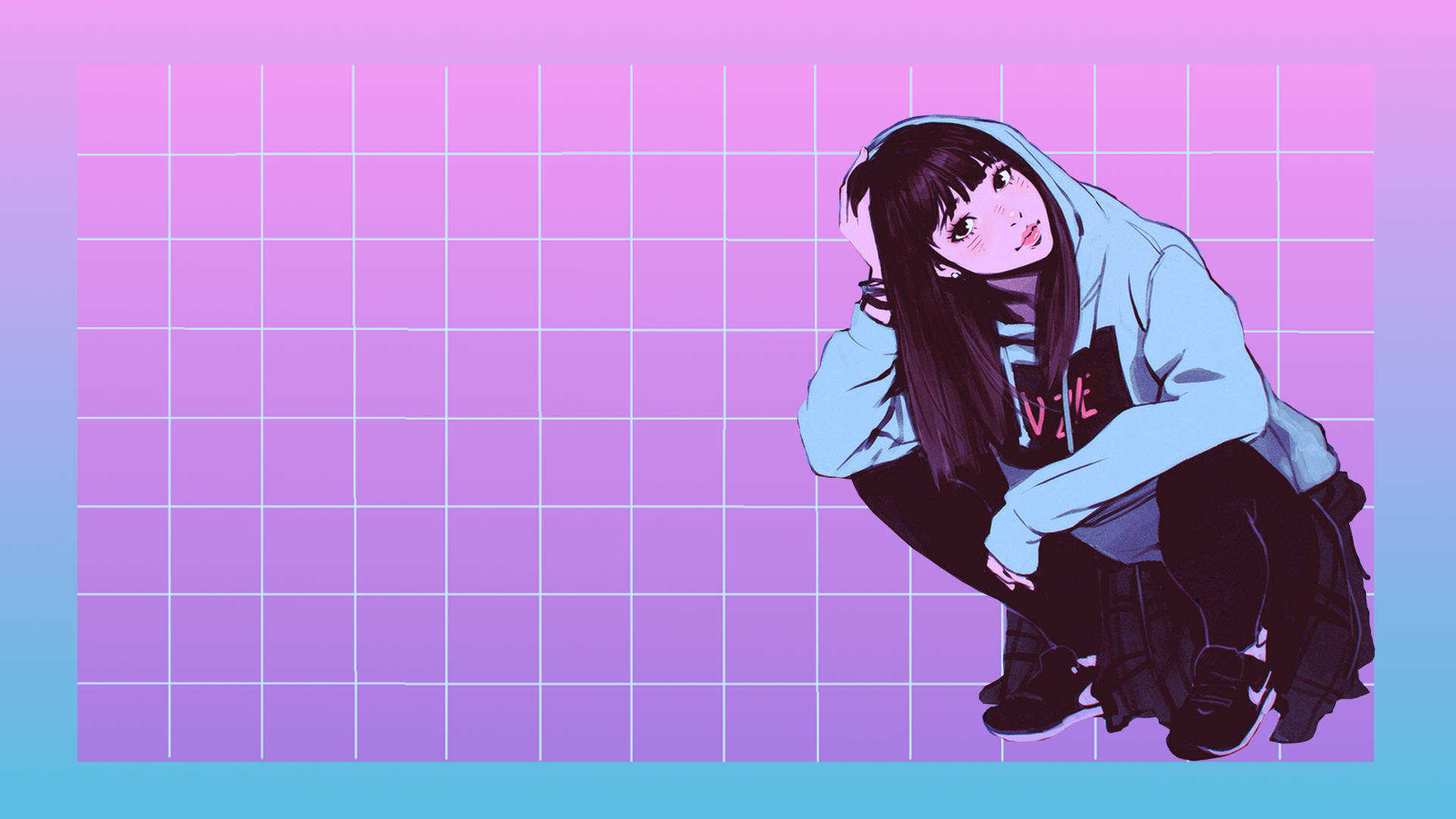 唯美少女粉色网格 壁纸