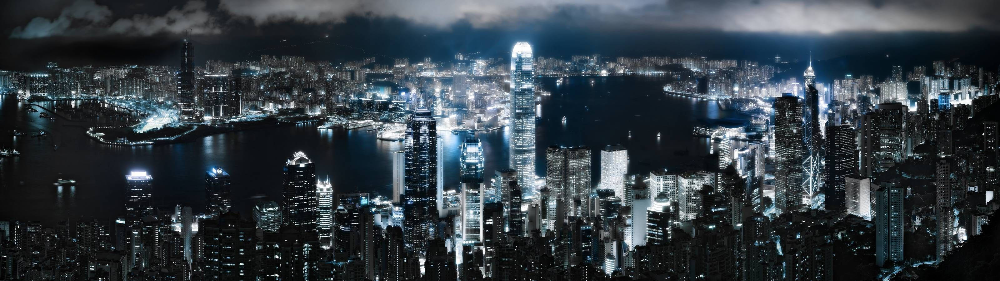 城市摩天大楼璀璨灯光双屏壁纸
