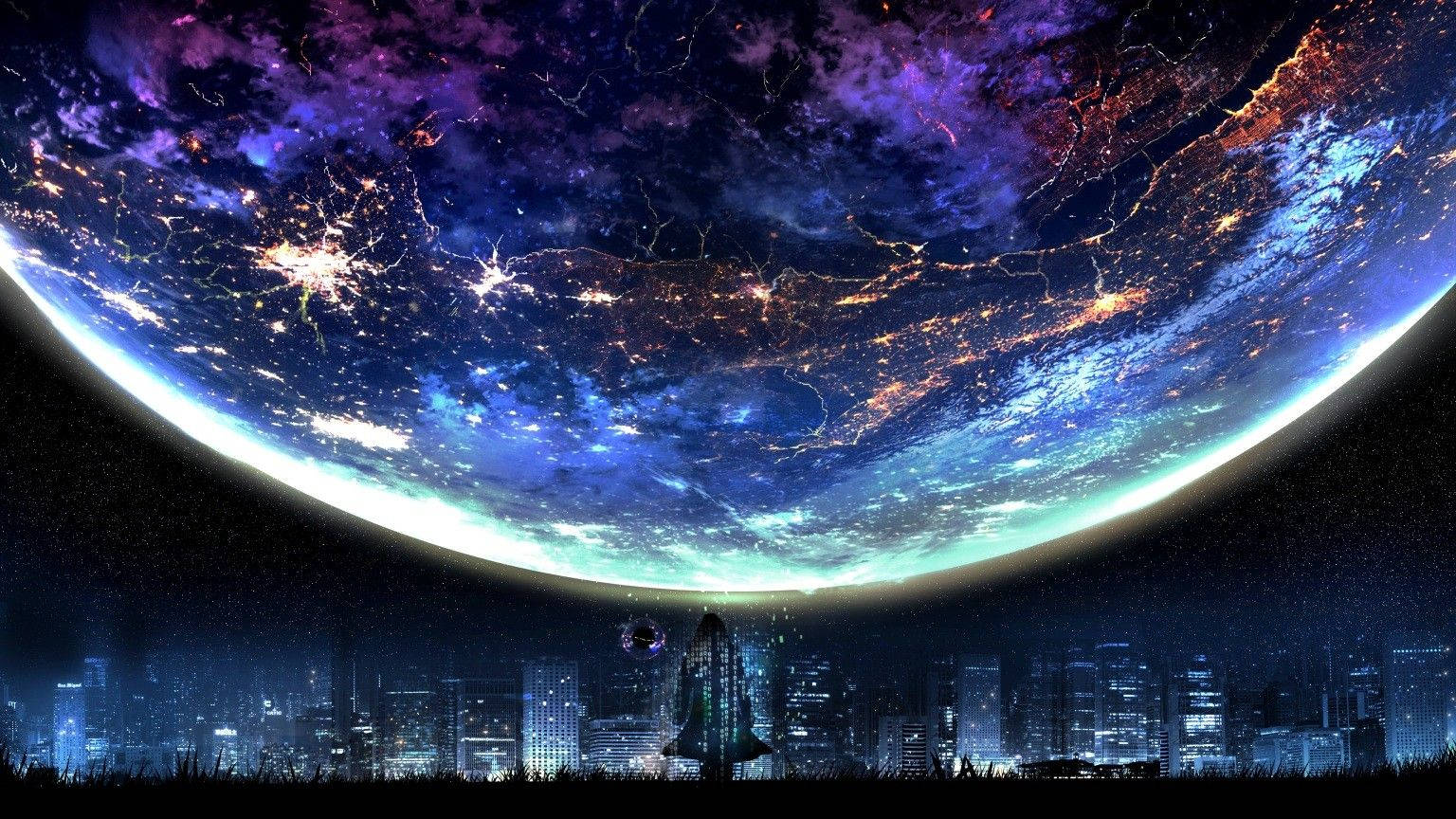 城市上空星系月亮艺术壁纸 壁纸