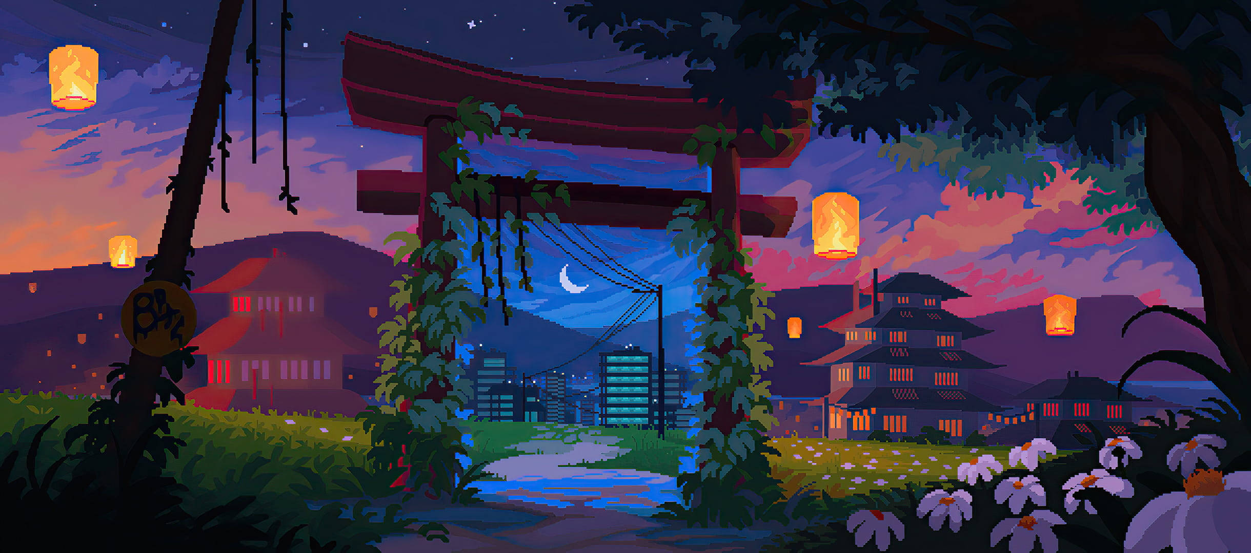 城市日本神社的美学像素艺术 壁纸