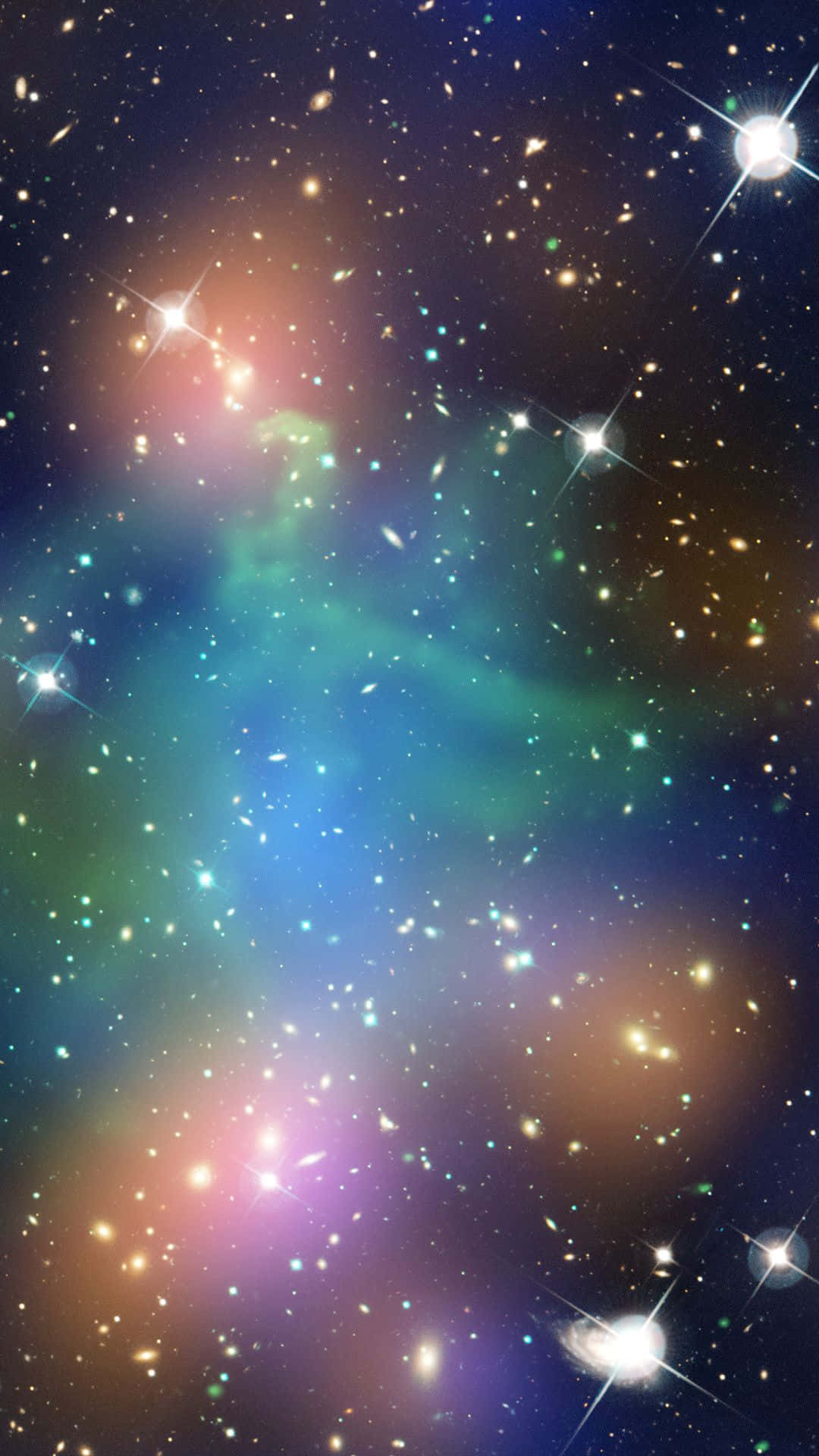 多彩星系，点缀星辰与绿色光团 壁纸