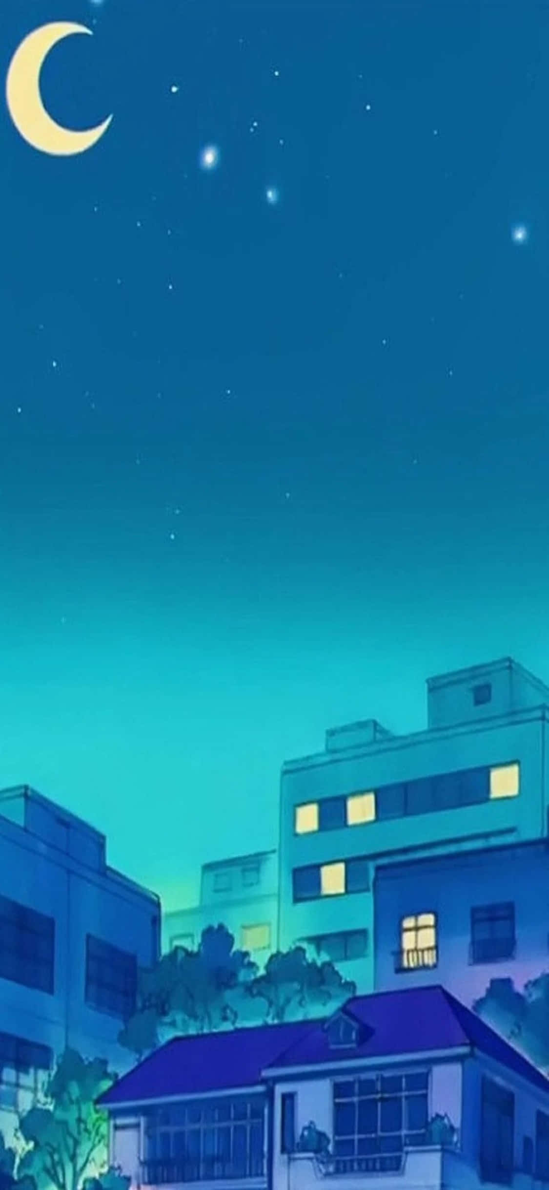 夜景中的月亮与房屋 壁纸