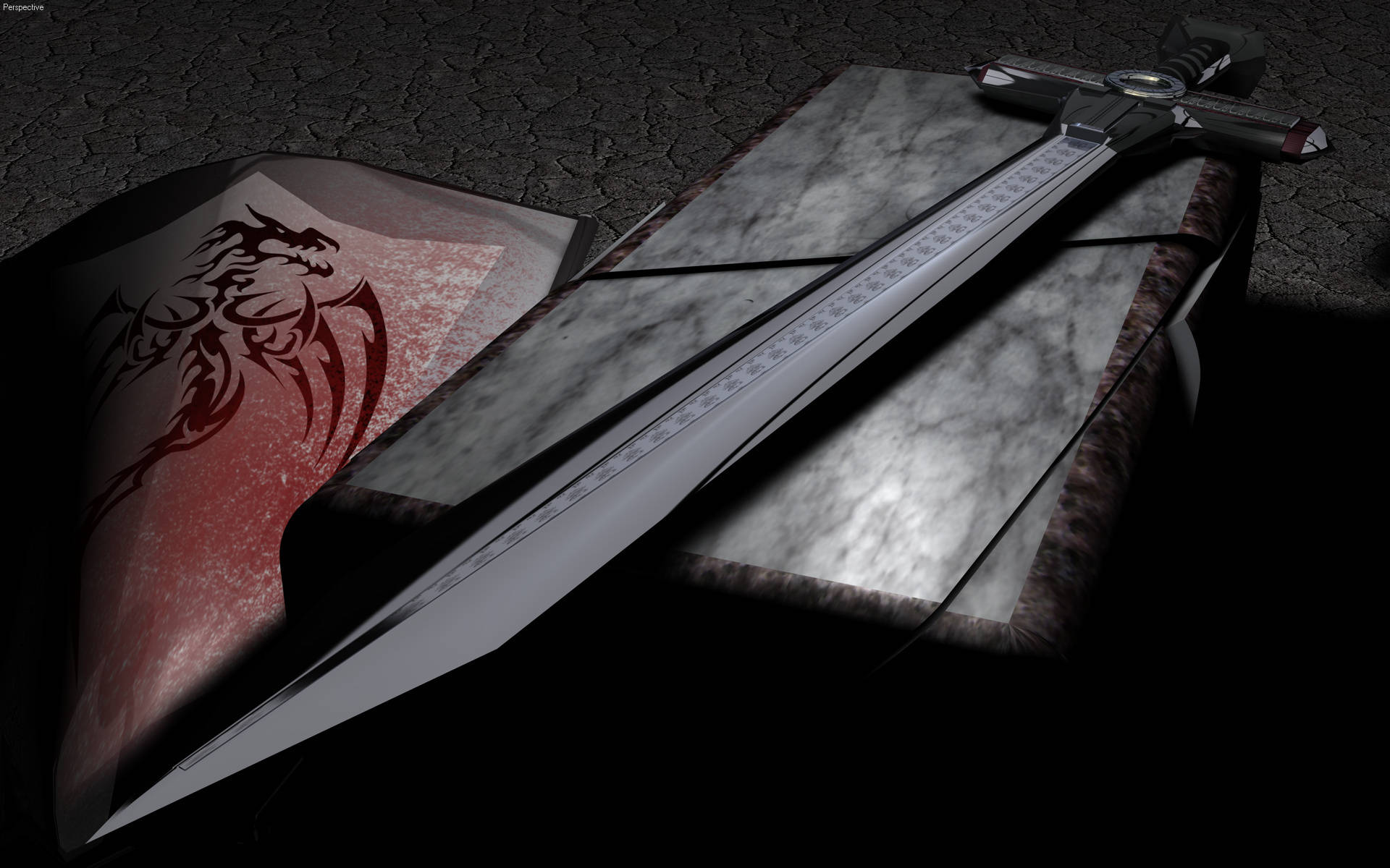 大理石上的黑剑与盾牌 壁纸