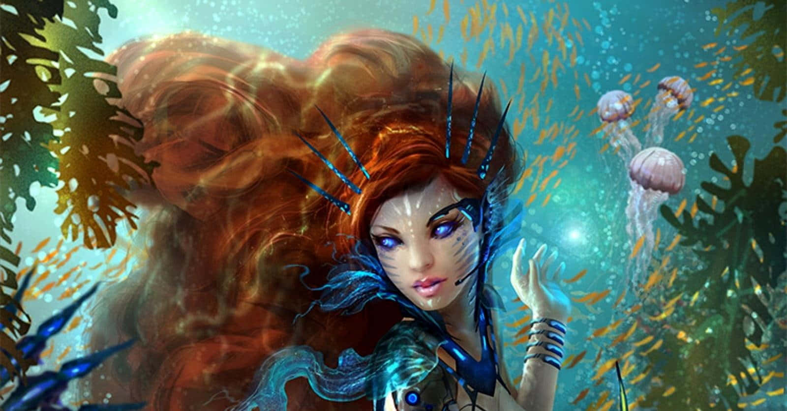 奇幻红发美人鱼彩色图片 壁纸