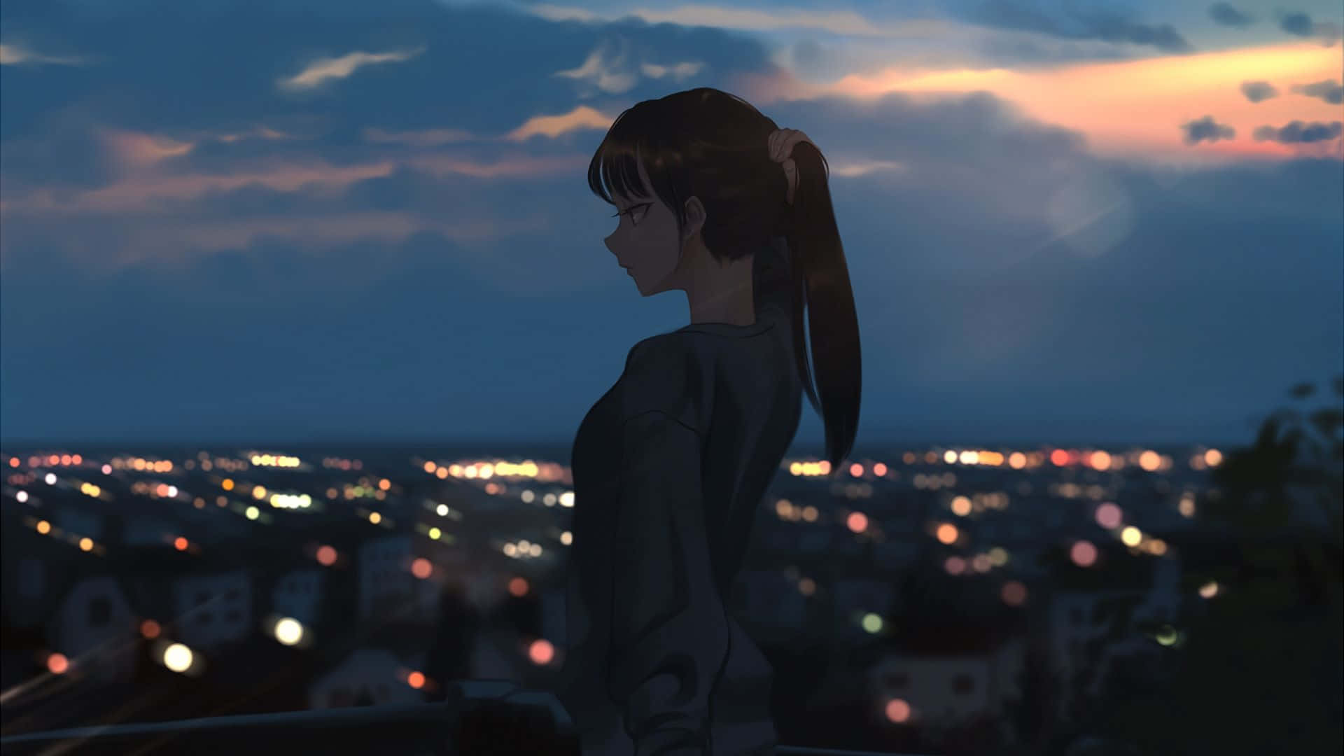 女子俯瞰动漫夜景城市 壁纸