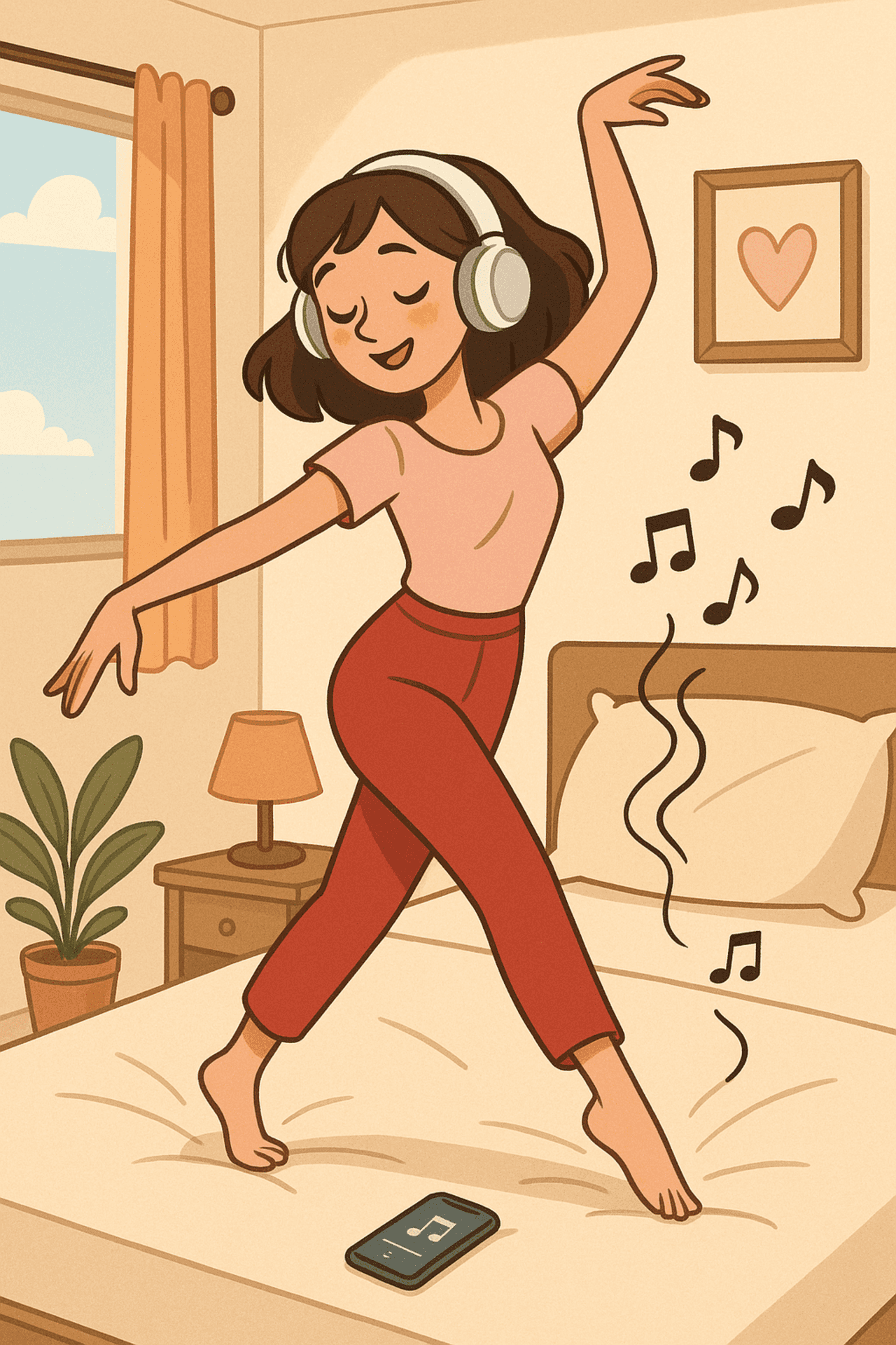 女性、音乐美学背景、耳机、Spotify、舞蹈、卧室背景、女性背景、随音乐起舞、可爱美学 — 棕色美学 壁纸