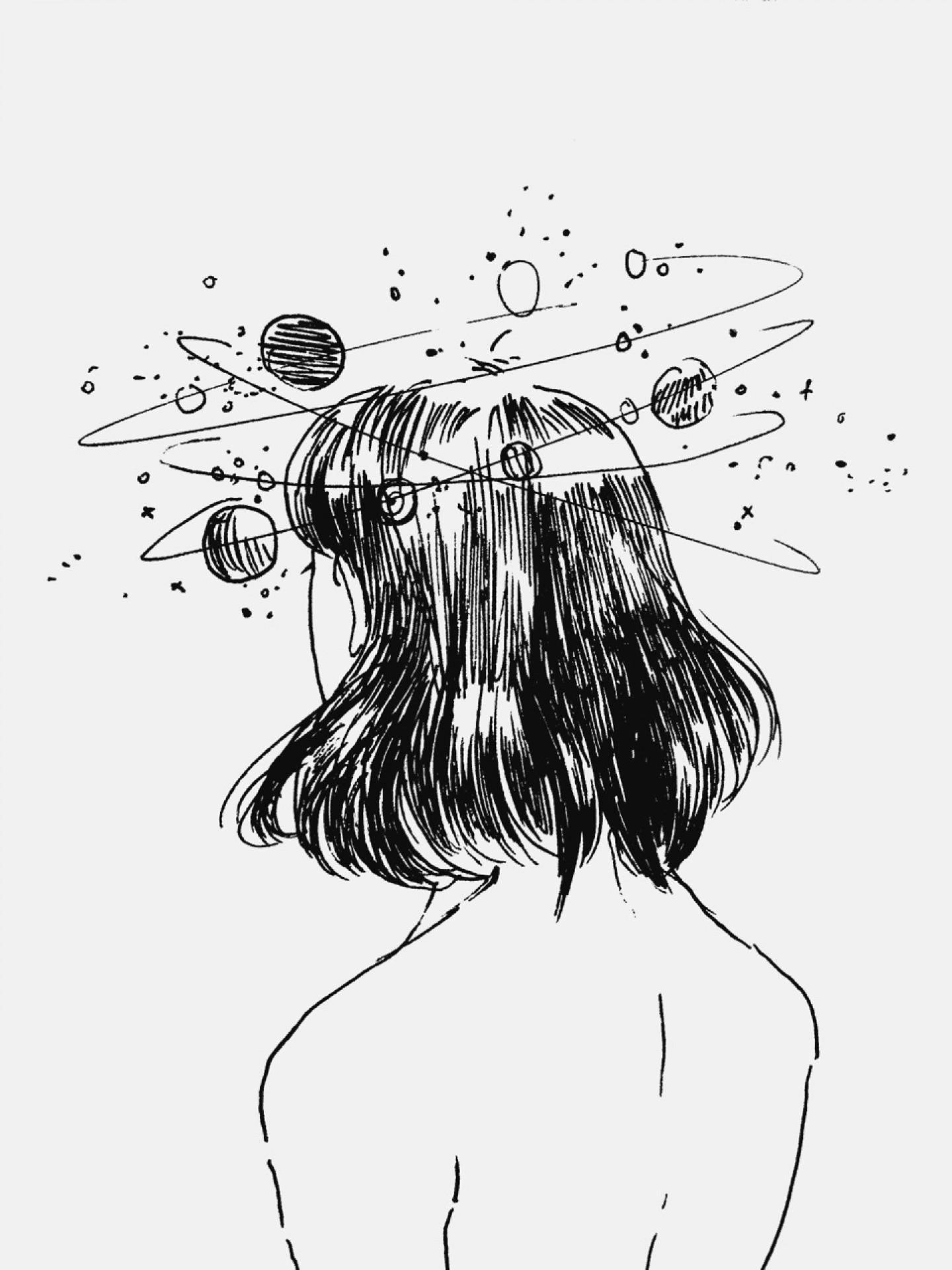 女孩与环绕行星美学素描 壁纸