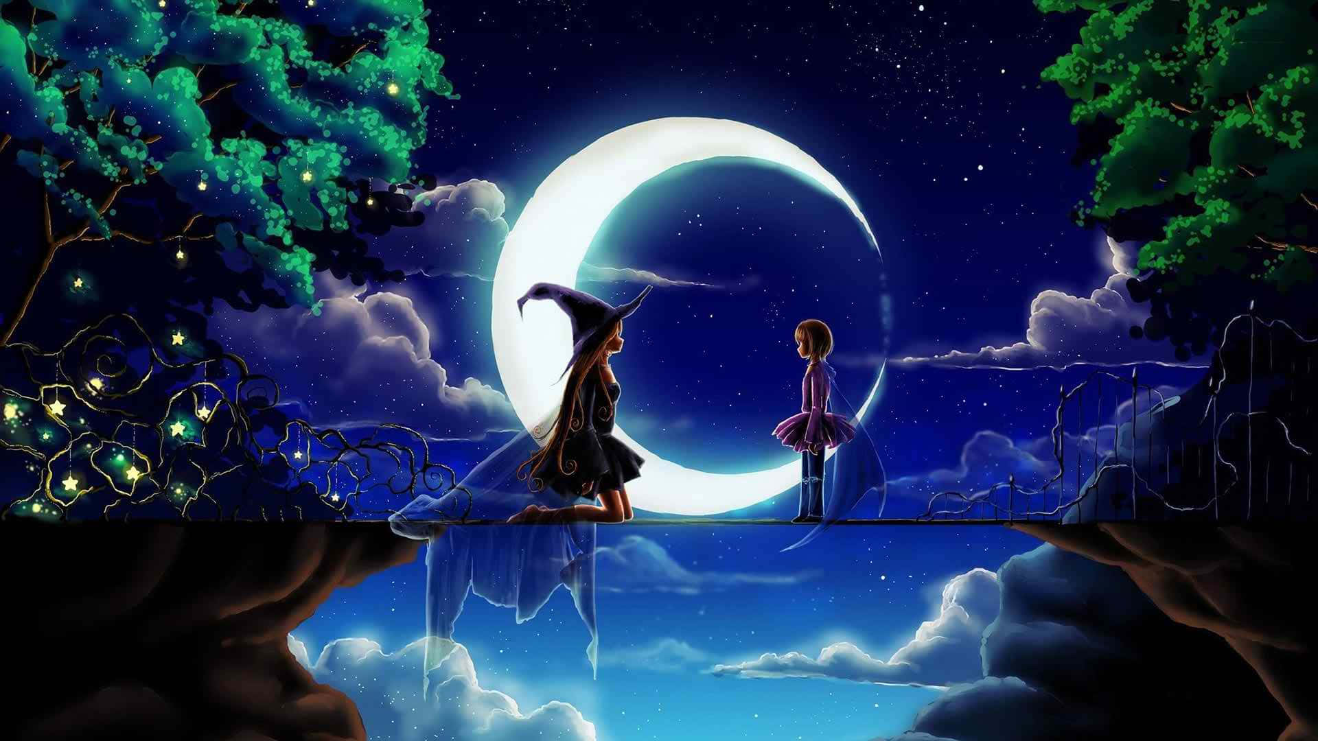 女孩与男孩夜晚站在桥上 壁纸