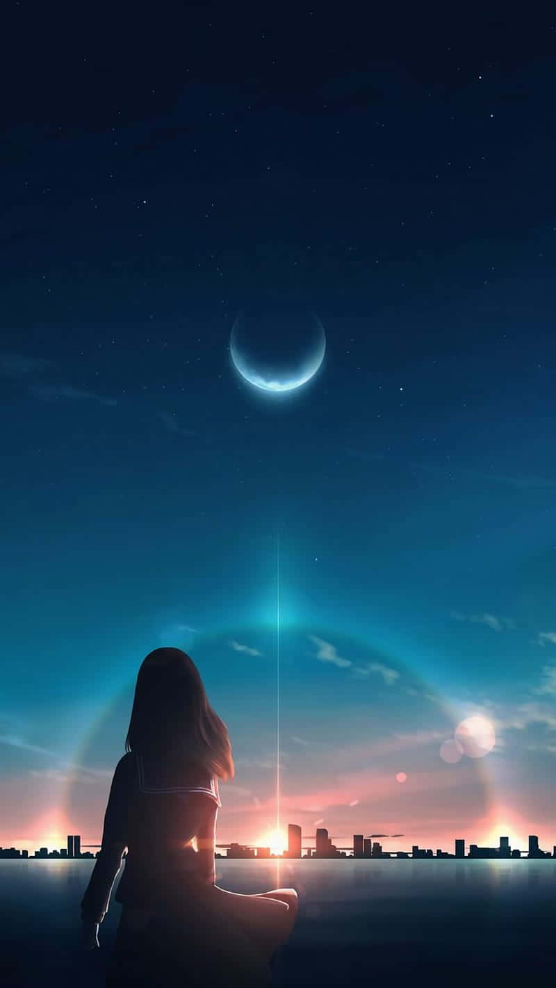 女孩凝视夜晚动漫日出 壁纸