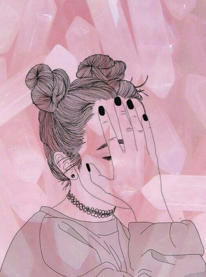 女孩双手捂脸，粉色水晶环绕 壁纸