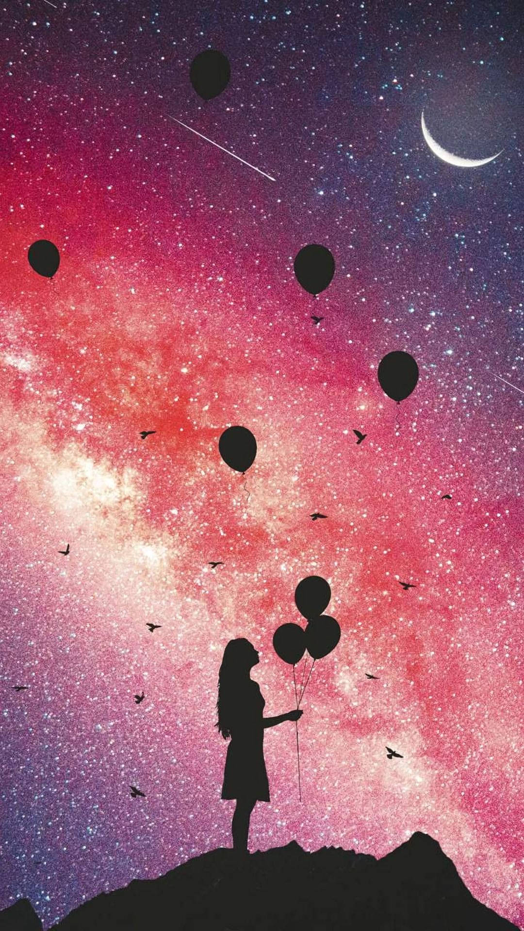 女孩在可爱星系中凝视气球 壁纸