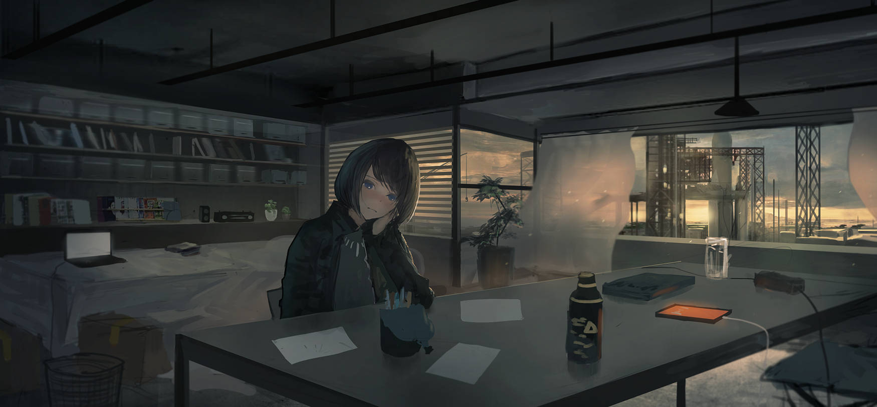 孤独动漫女孩瘫坐在笔记本电脑桌前 壁纸