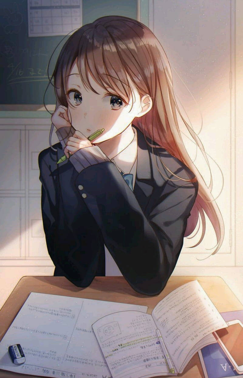 学习中的动漫女孩手机壁纸 壁纸