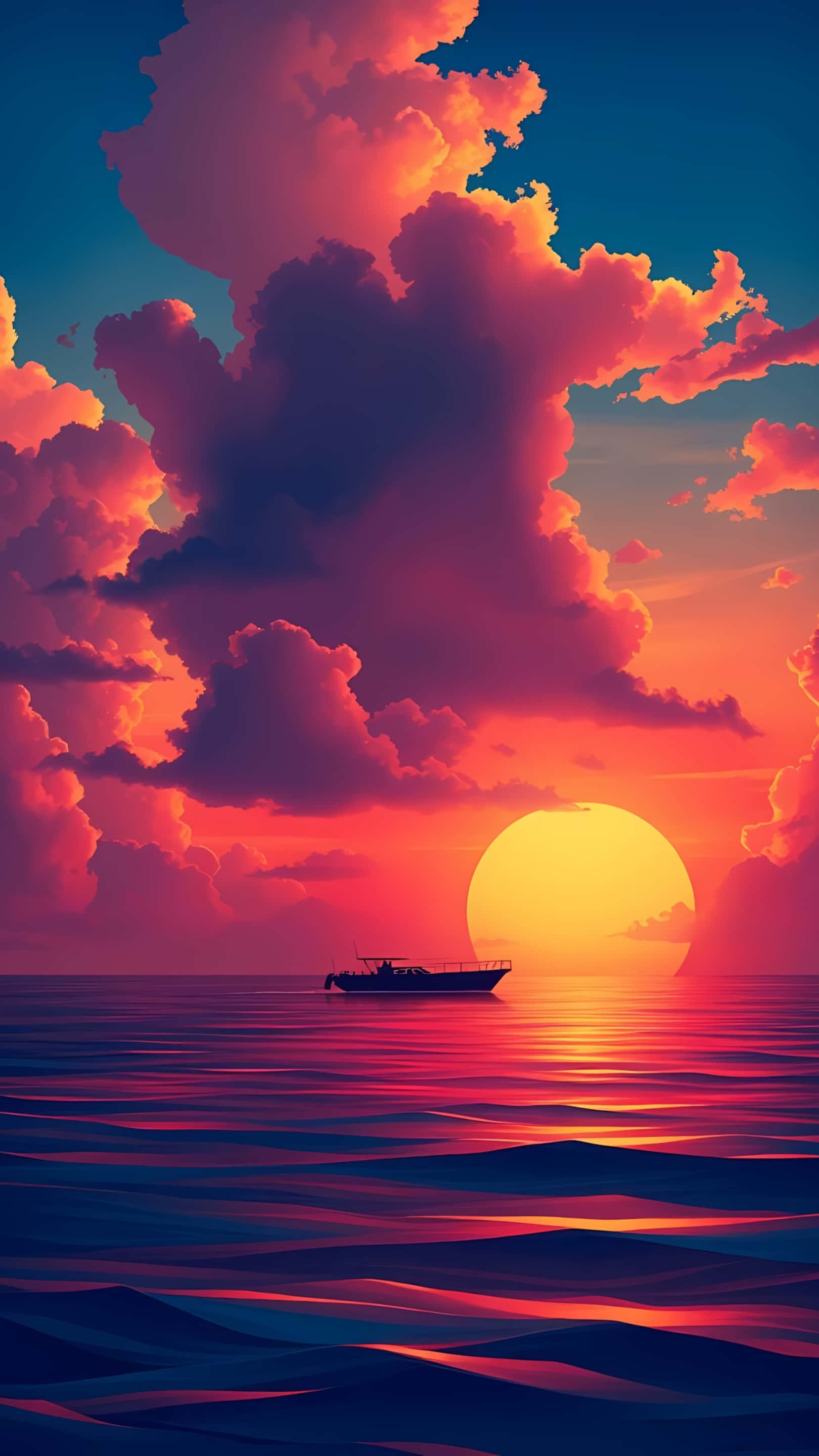 宁静海面上的壮丽日落与剪影小船 壁纸
