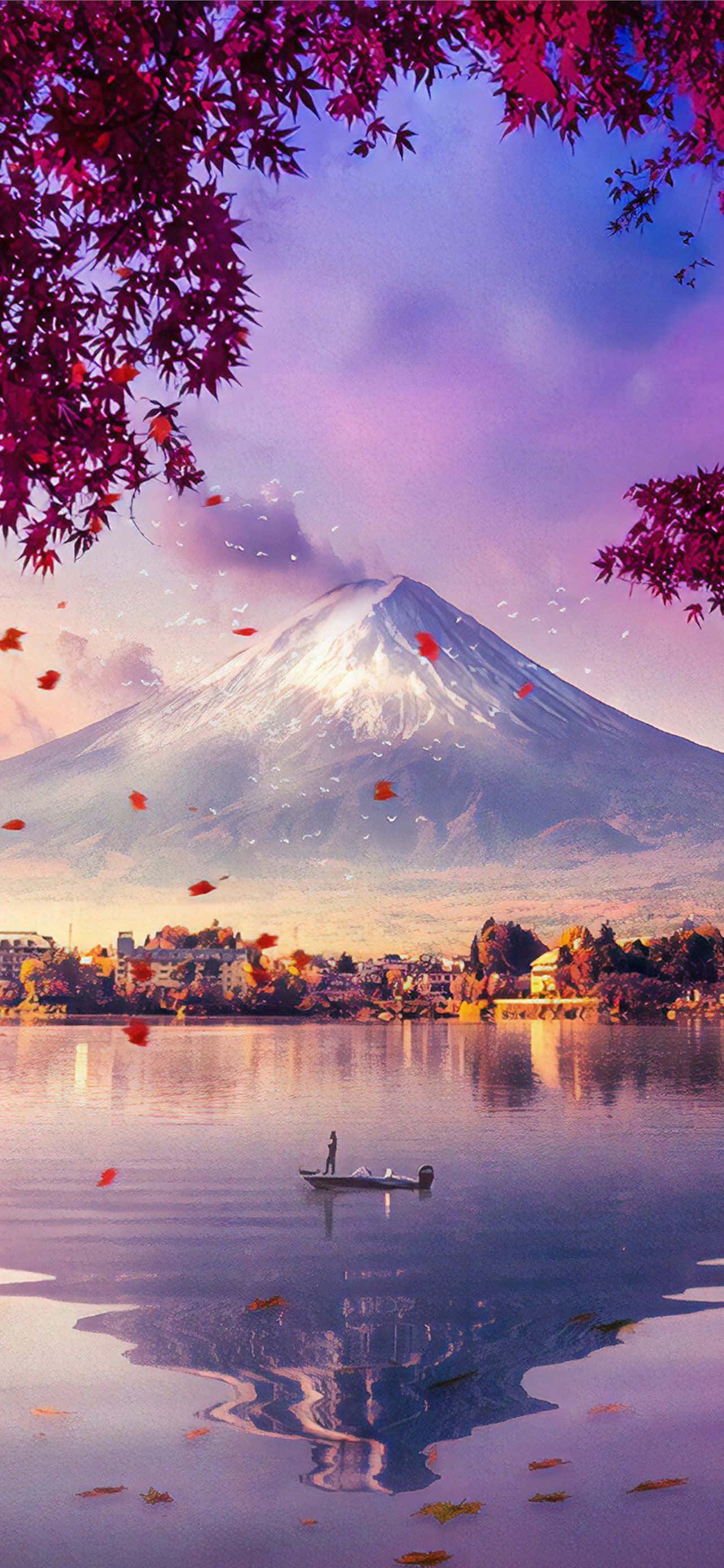 富士山峰与湖景及落叶 壁纸