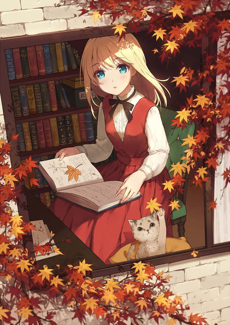 少女与猫与秋枫动漫 壁纸