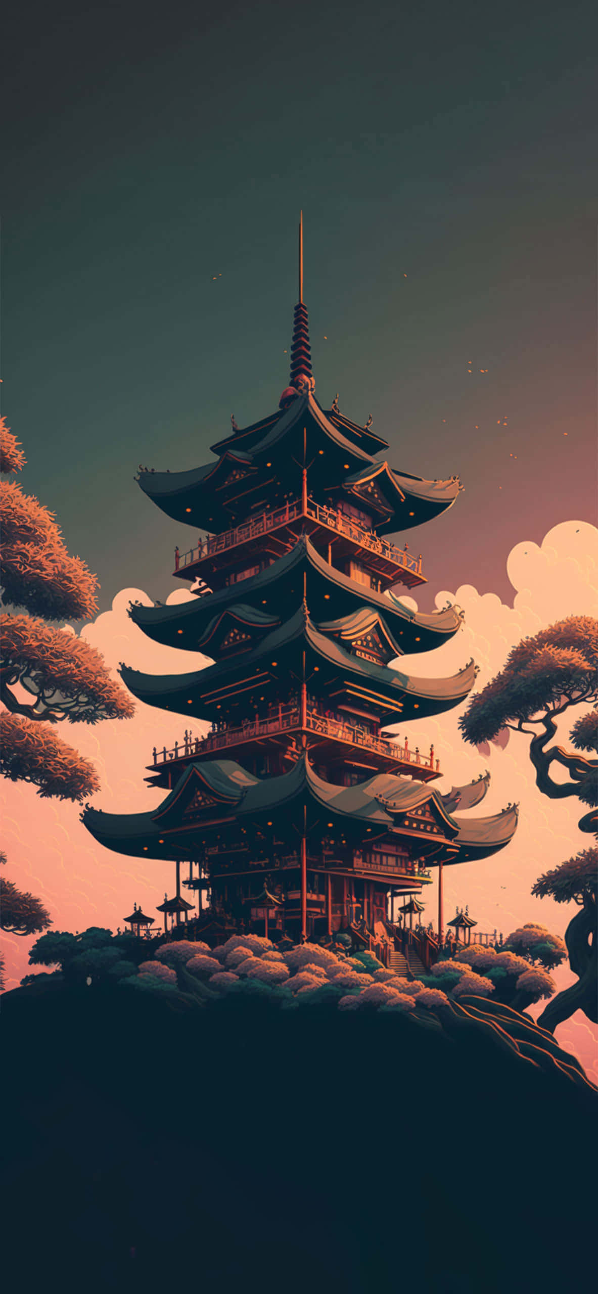 山坡上的宝塔，背景有树木 壁纸
