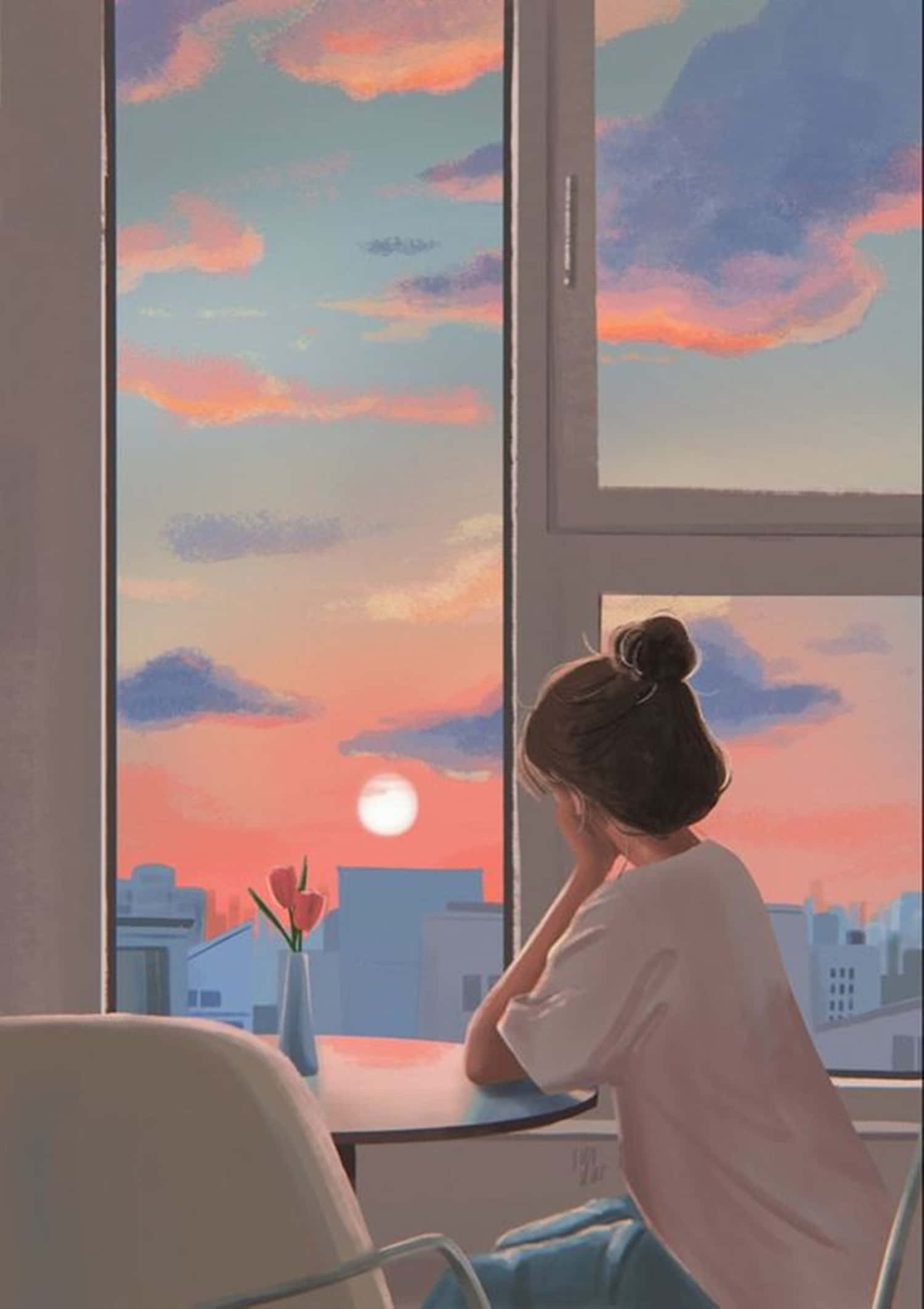 平静动漫女孩美学日落天空 壁纸