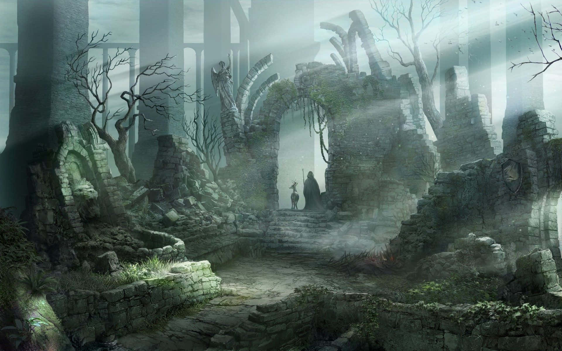 幻想场景：废墟城堡与树木 壁纸