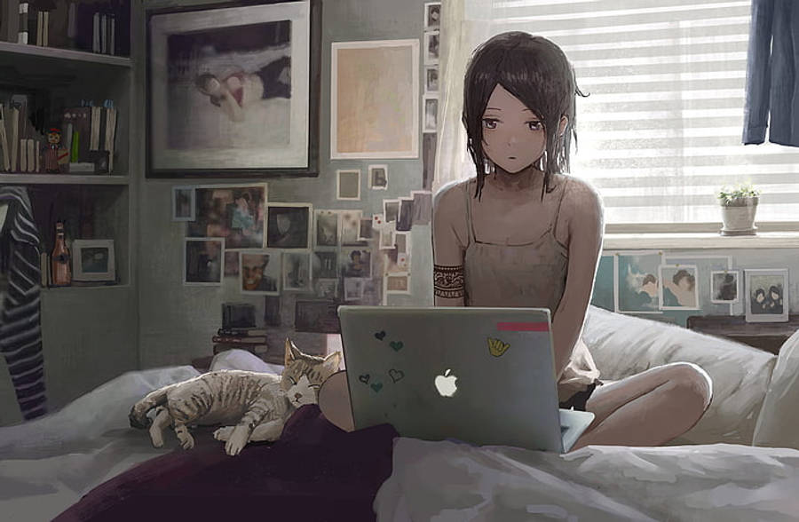 床上使用笔记本电脑的动漫女孩 壁纸