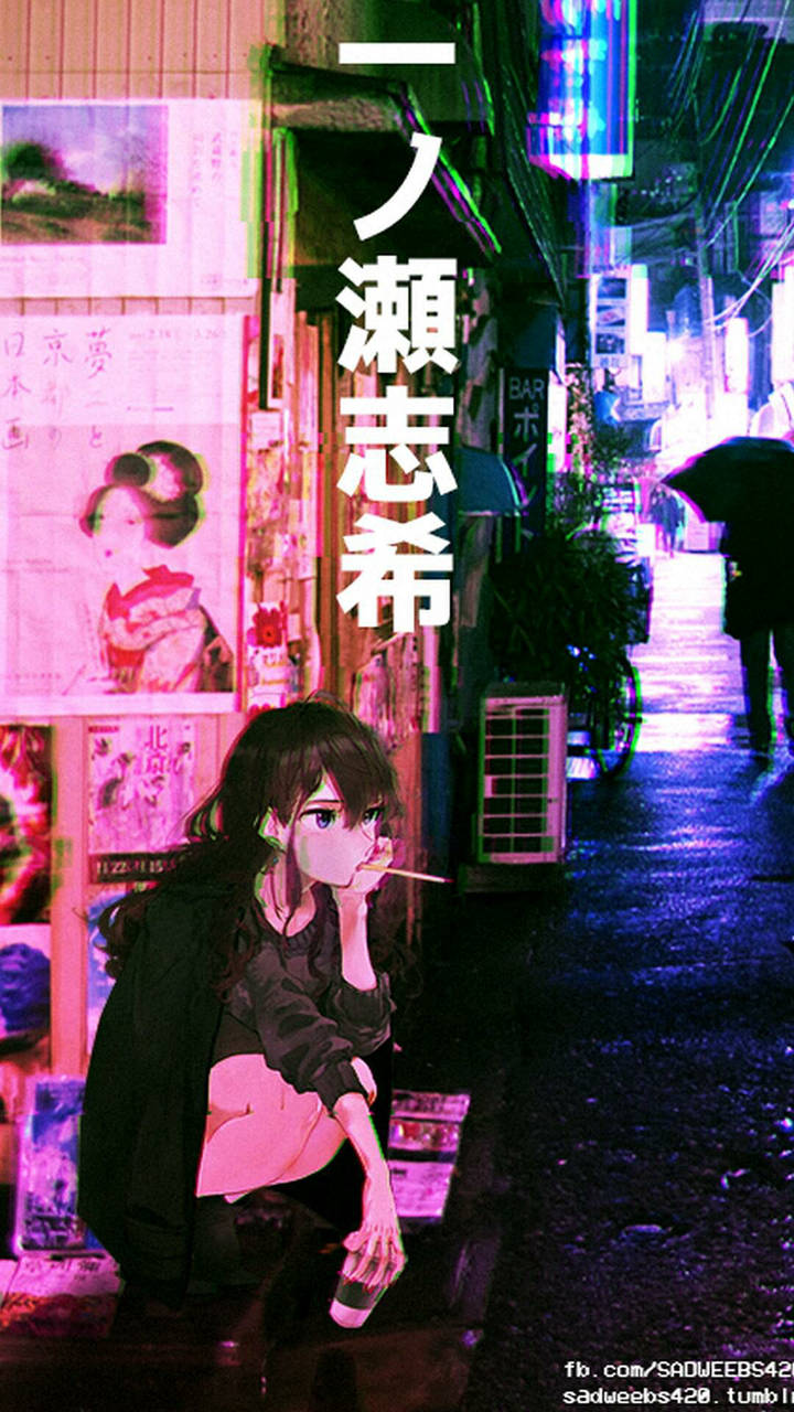 忧郁动漫少女在日式城市美学 壁纸