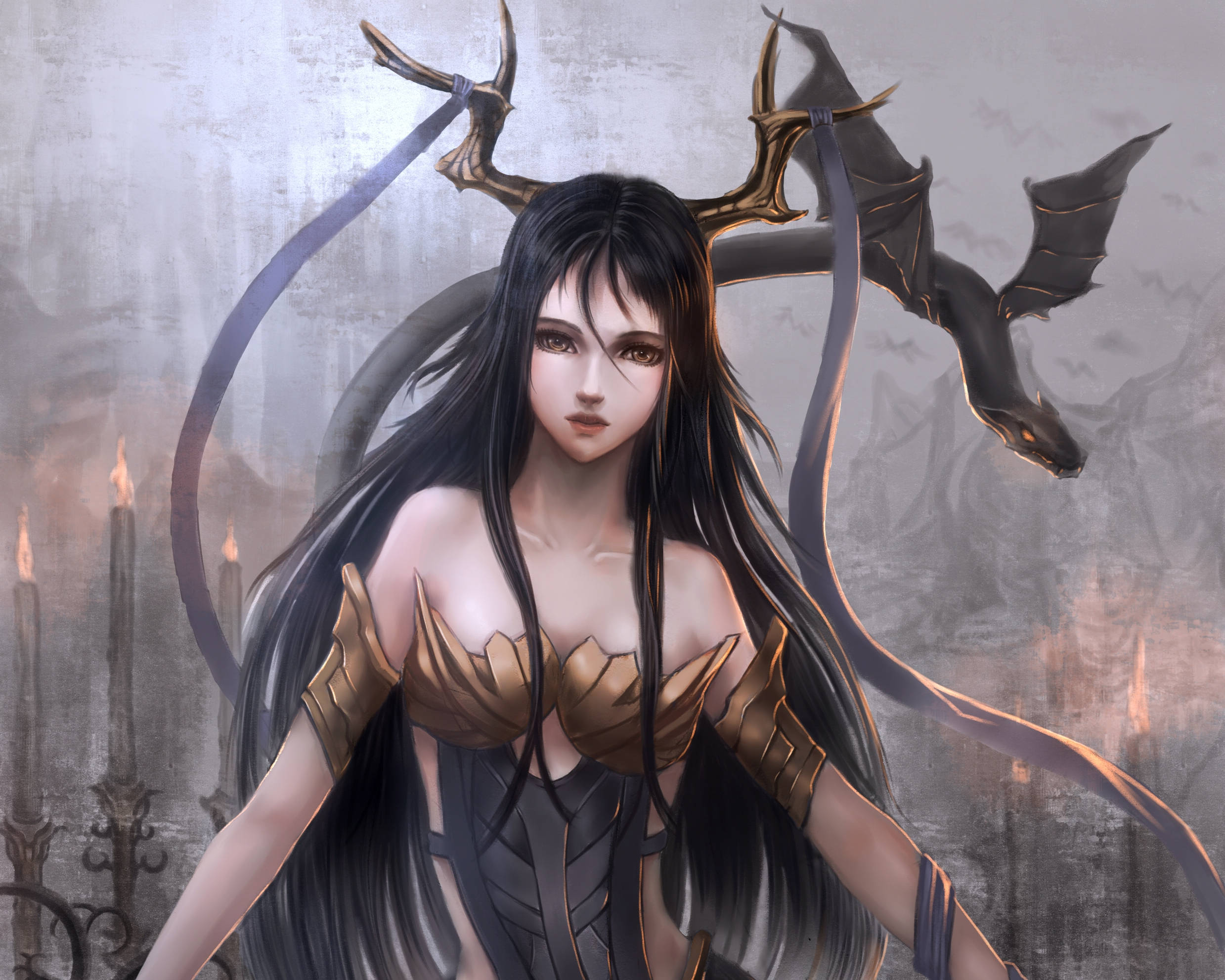悲伤恶魔女孩背后的蛇龙 壁纸