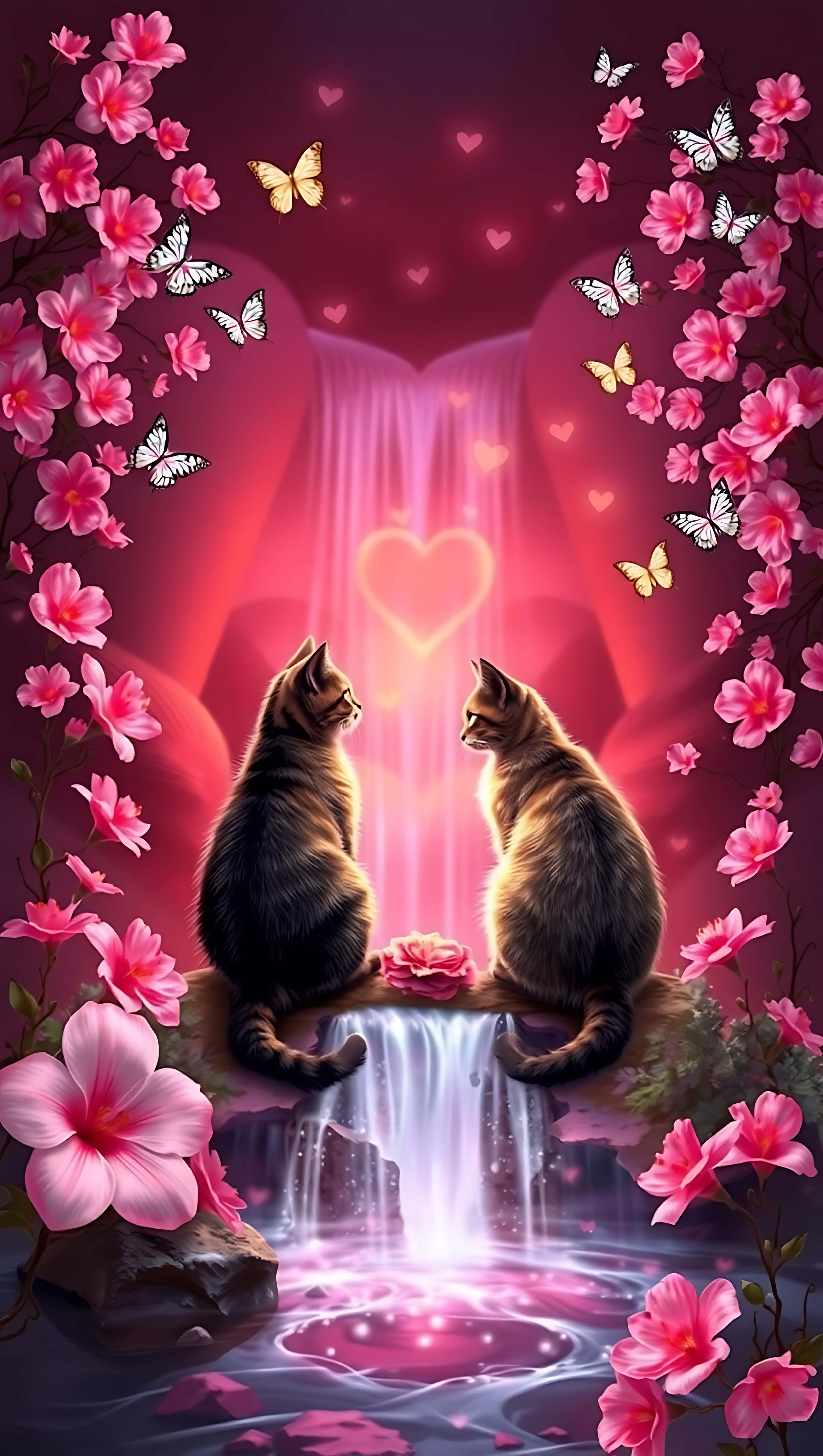 情人节静谧：猫咪与爱意光辉。手机壁纸 壁纸