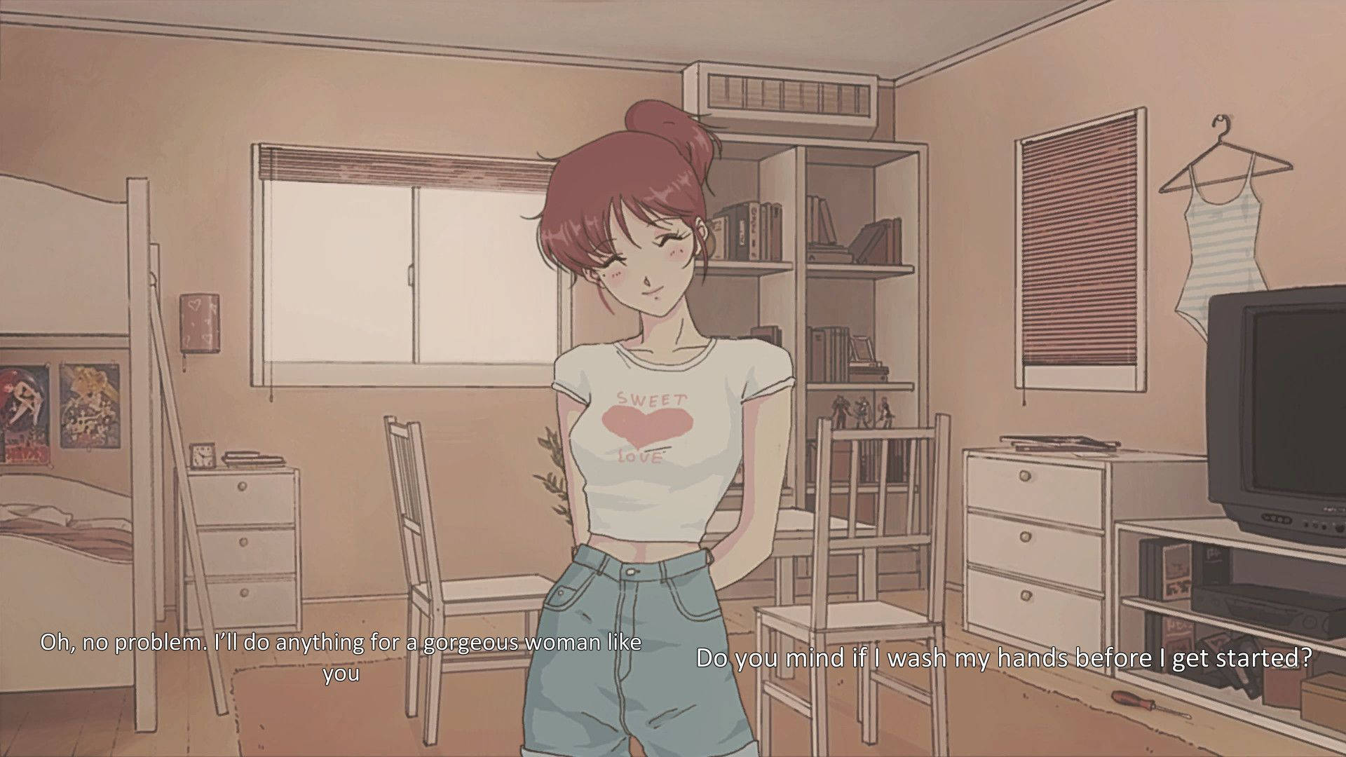 房间里的女孩，床与书桌 壁纸